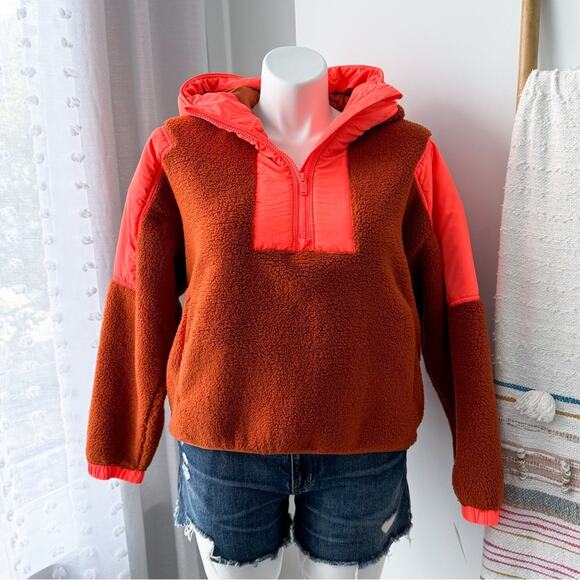 Free People Movement Lead The Pack Neon Coral Combo Fleece Oversized Hoodie XS - Picture 1 of 12